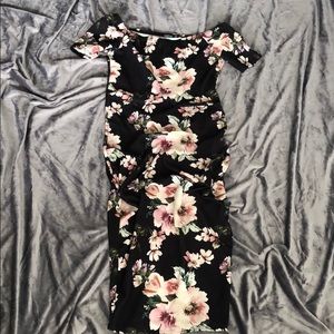 Maternity Navy Blue Floral Off Shoulder Midi